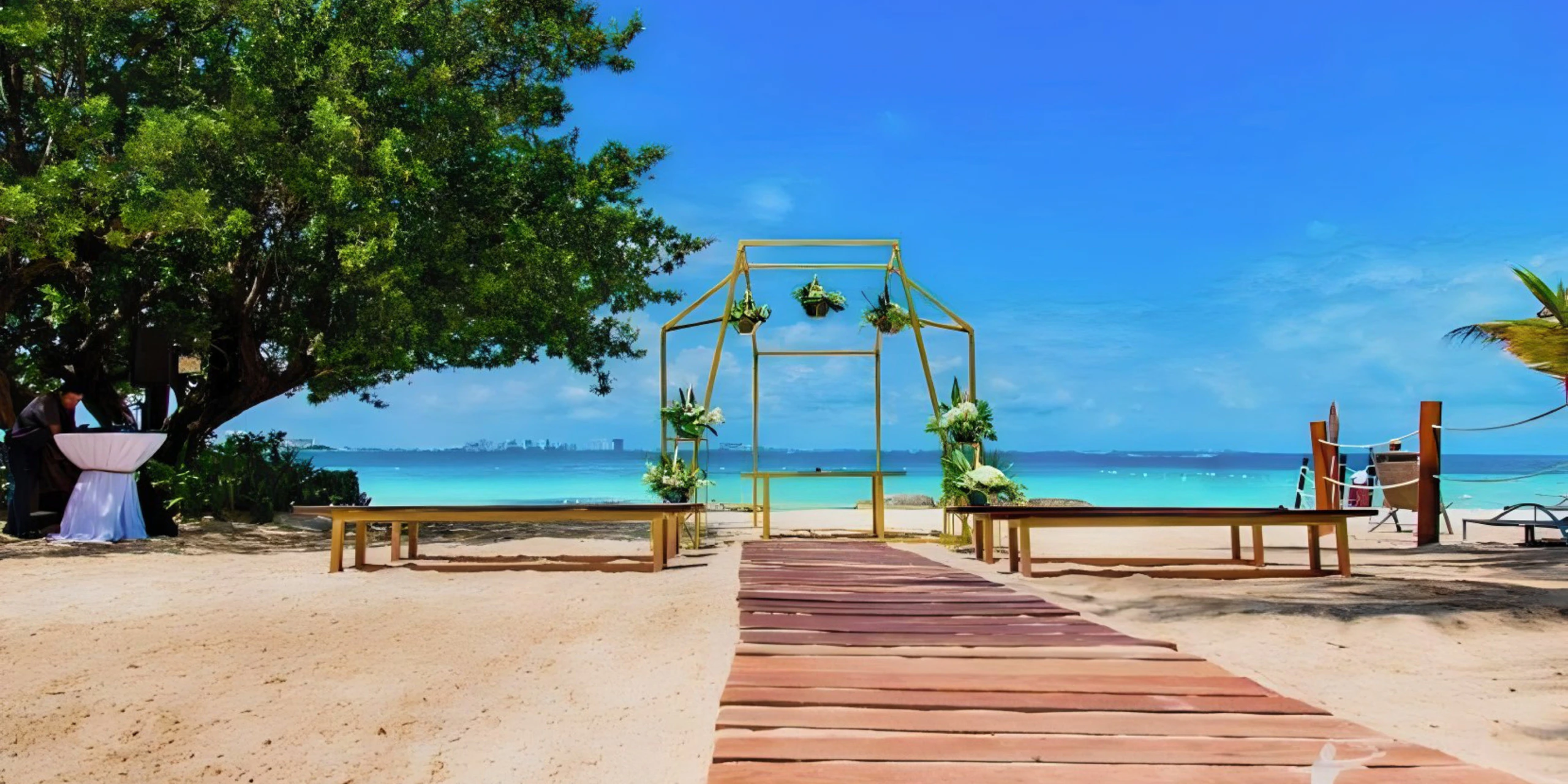 Olio Beach oceanfront ceremony setup for weddings at Dreams Sands Cancun Resort & Spa