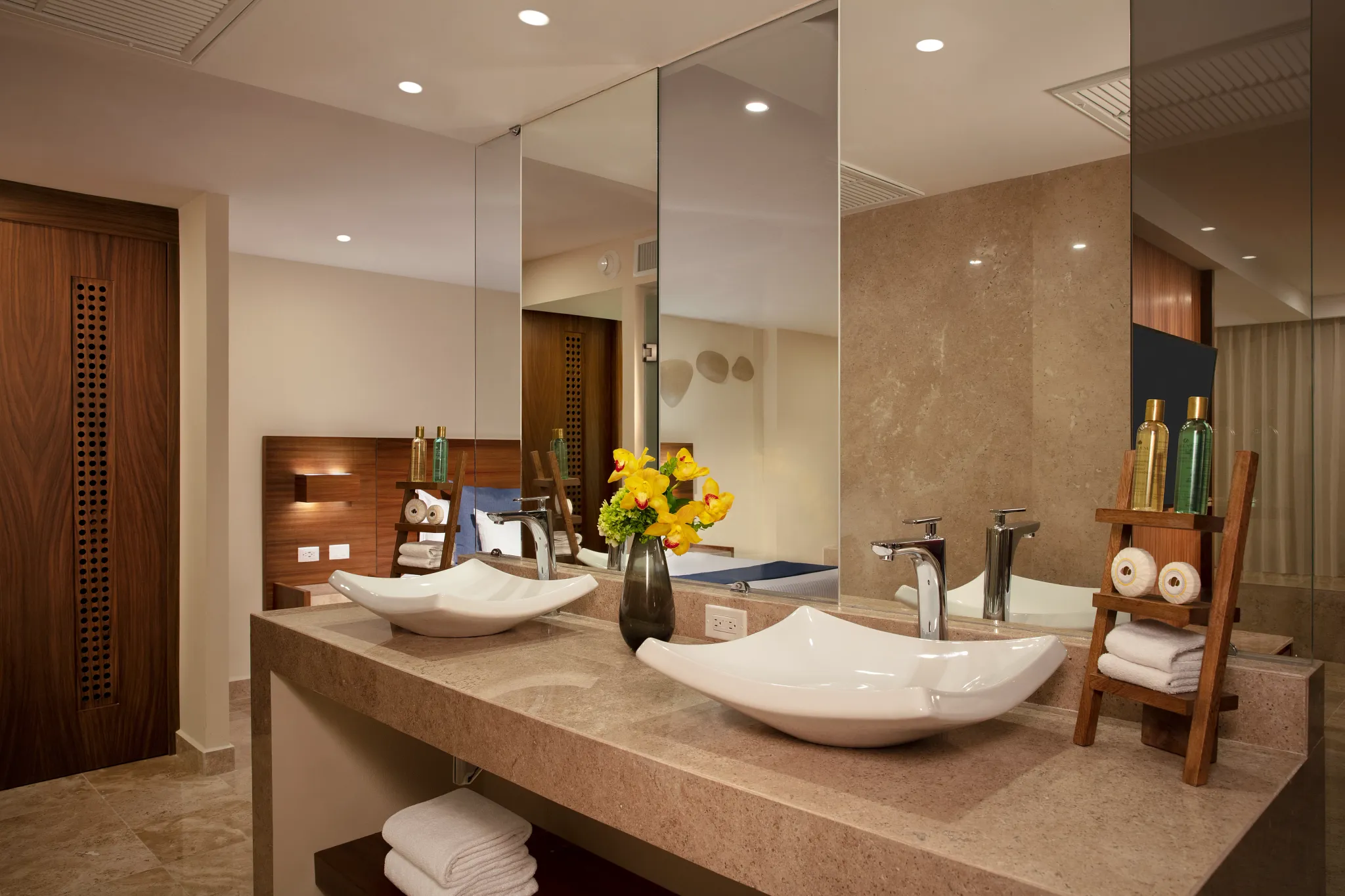 Preferred Club Honeymoon Plunge Pool Suite double vanity bathroom at Dreams Sands Cancun Resort & Spa.