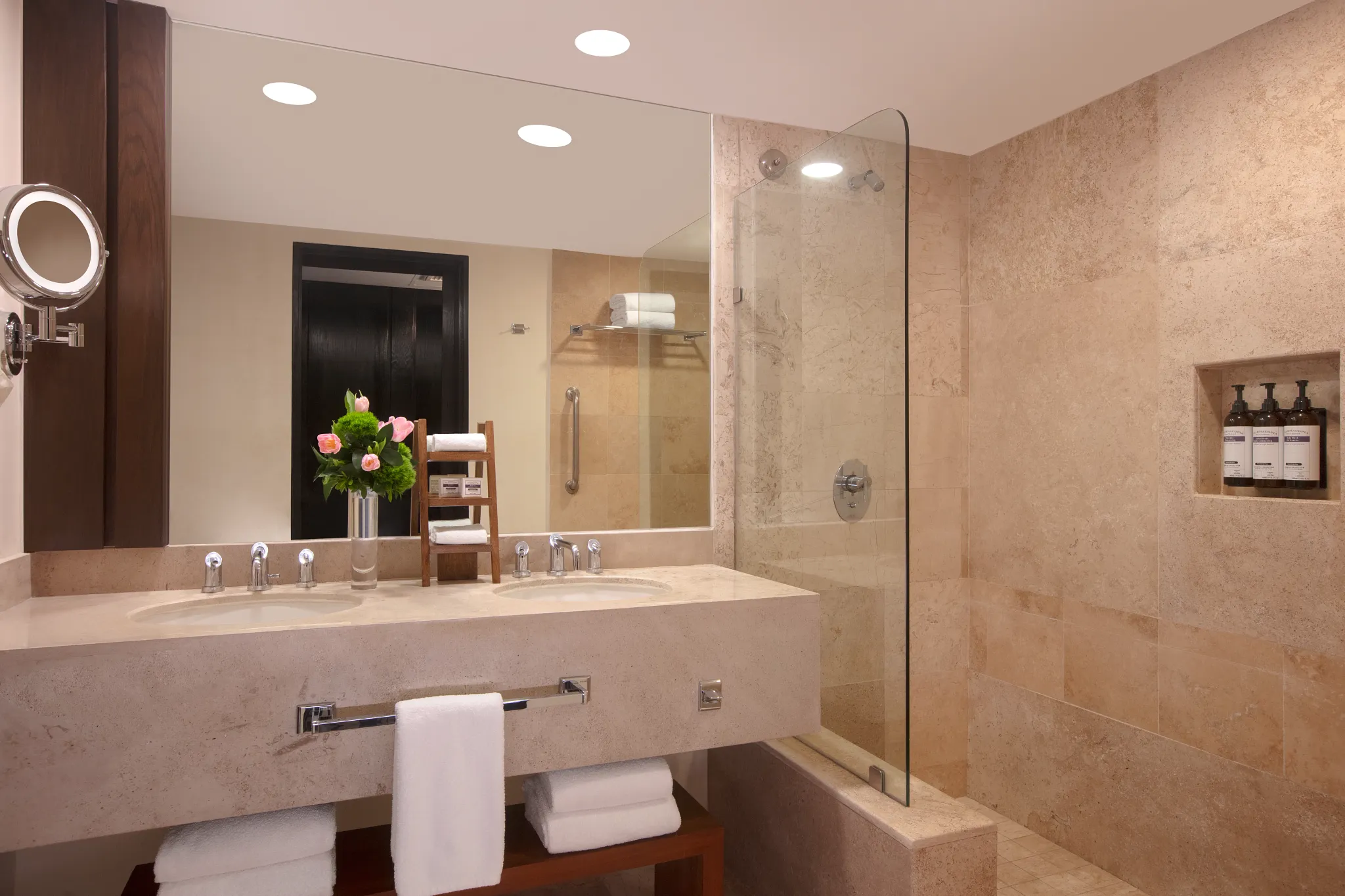 Preferred Club Master Suite marble bathroom with double vanity and walk-in shower at Dreams Sands Cancun Resort & Spa.